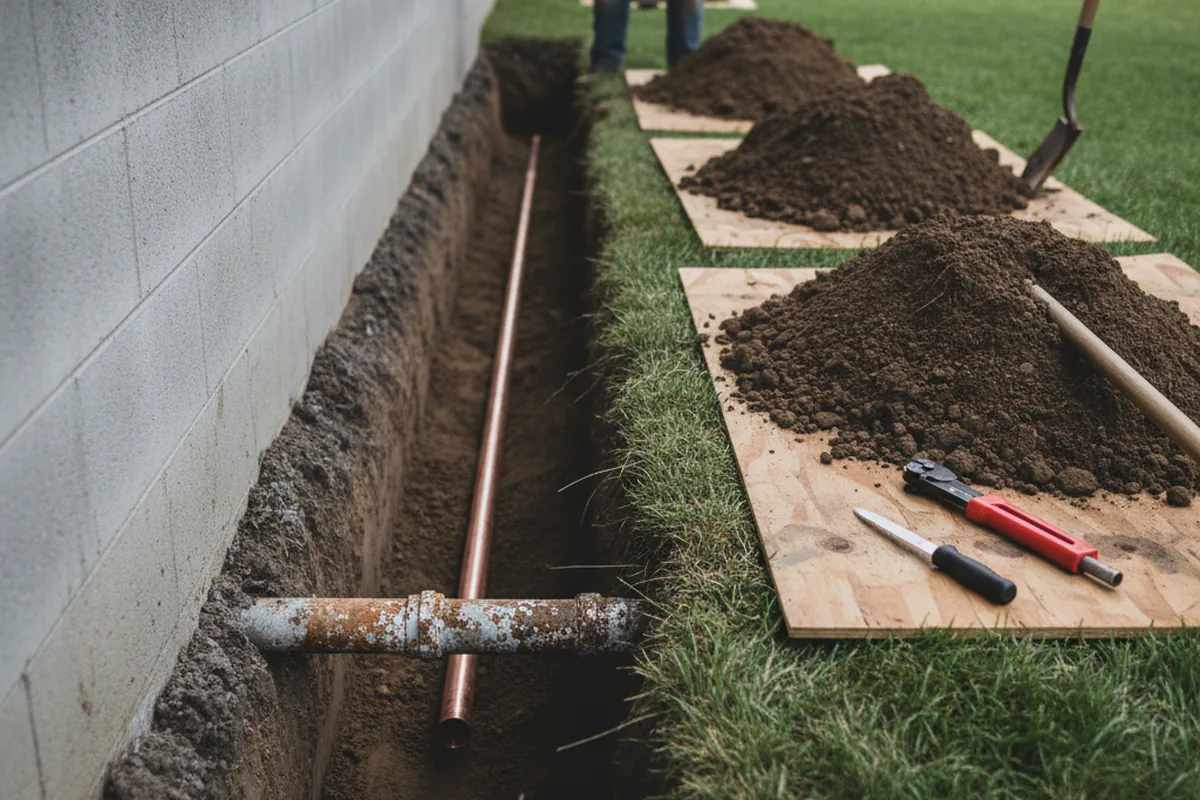 Excavated water line trench during Water Softener Installation in Helendale